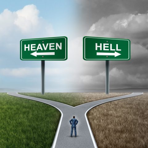 J2E4GB Heaven and hell crossroad life choice as a person standing at a fork in the road with paradise and gloom with 3D illustration elements.
